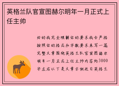 英格兰队官宣图赫尔明年一月正式上任主帅 英格兰队官宣图赫尔明年一月正式上任主帅